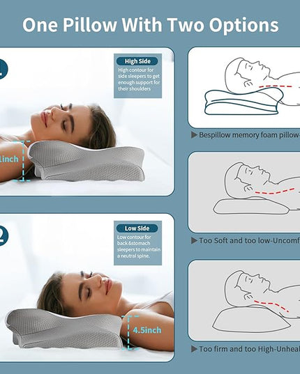 Neck Pillow Cervical Memory Foam Pillows for Pain Relief Sleeping, Ergonomic Pillow for Shoulder Pain, Orthopedic Contour Bed Pillow for Side, Back & Stomach Sleepers with Cooling Pillowcase - LeafyLoom