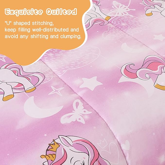 Unicorn Kids Comforter Set for Girls Twin, Cute Reversible Quilted Lavender Printed Bedding Set with Pillow Sham, Lightweight Soft Breathable Machine Washable Bed Set 2 Piece - LeafyLoom