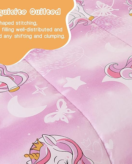 Unicorn Kids Comforter Set for Girls Full Size, Cute Reversible Quilted Lavender Printed Bedding Set with Pillow Sham, Lightweight Soft Breathable Machine Washable Bed Set 3 Piece - LeafyLoom