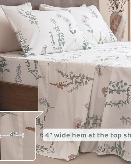 QSH Floral King Size Sheet Sets - 100% Egyptian Cotton Floral Bedding Sheets Flower Pattern Printed Bedding King Size Bed Sheets 17.5" Extra Deep Pocket 4pcs - LeafyLoom