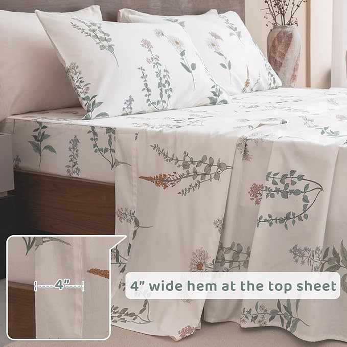 QSH Floral King Size Sheet Sets - 100% Egyptian Cotton Floral Bedding Sheets Flower Pattern Printed Bedding King Size Bed Sheets 17.5" Extra Deep Pocket 4pcs - LeafyLoom