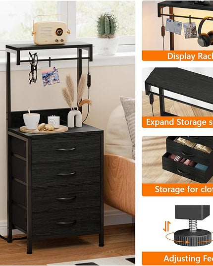 Furnulem Tall Nightstands Set of 2, Night Stand with 4 Drawers and shelves, Tall Bedside Table with USB Port Charging and LED Lights, Side Table for Bedroom, Office, Dorm (Black Oak) - LeafyLoom