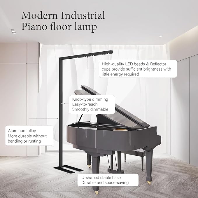 STERREN 77" LED Floor Lamp, 7350LM Dimmable Eye-care Standing Piano Lamp, 70W Modern Tall Reading Light Bright Lighting for Office Living Room Bedroom, 4000K Natural Daylight - Black - LeafyLoom