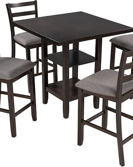 5 Piece Wooden Counter Height Set, Includes 1 Table, 4, Padded Chairs and Storage Shelving, for Dining, Living Room, Kitchen, Espresso - LeafyLoom