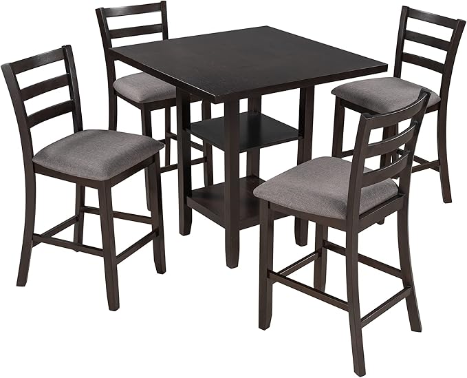 5 Piece Wooden Counter Height Set, Includes 1 Table, 4, Padded Chairs and Storage Shelving, for Dining, Living Room, Kitchen, Espresso - LeafyLoom