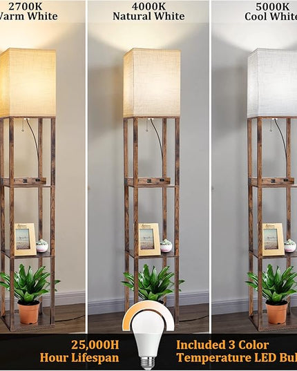 Dott Arts Floor Lamp with Shelves, Shelf Lamp with Wireless Charger & USB A+C Ports & 2 AC Outlets,3 Color Temperature Corner Tall Standing Floor Lamps for Living Room, Bedroom, Office (Brown) - LeafyLoom