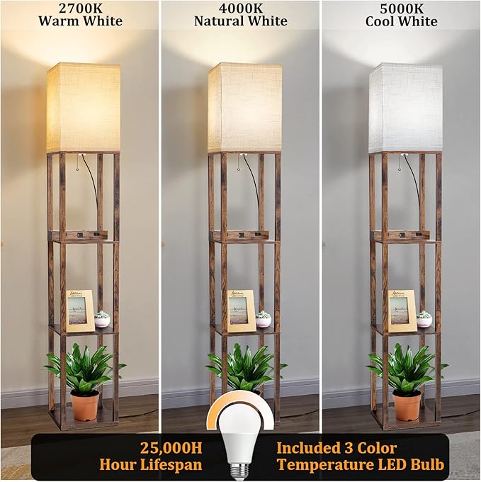 Dott Arts Floor Lamp with Shelves, Shelf Lamp with Wireless Charger & USB A+C Ports & 2 AC Outlets,3 Color Temperature Corner Tall Standing Floor Lamps for Living Room, Bedroom, Office (Brown) - LeafyLoom