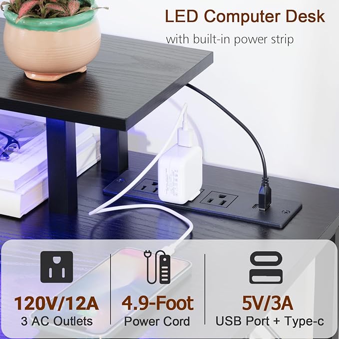 Computer Desk with LED Light & Power Outlets, 47 Inch Gaming Desk with 4 Fabric Drawers, Office Desk with Monitor Stand, Black Work Writing Desk with Hooks for Home Office, Bedroom, HGD12BK - LeafyLoom
