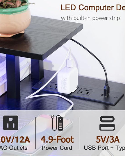 Computer Desk with LED Light & Power Outlets, 55 Inch Gaming Desk with 4 Fabric Drawers, Office Desk with Monitor Stand, Black Work Writing Desk with Hooks for Home Office, Bedroom, HGD14BK - LeafyLoom