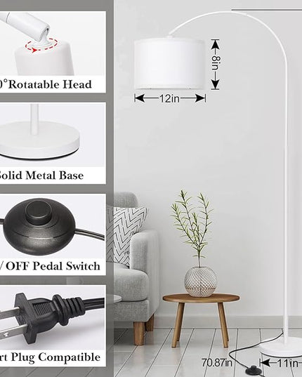 White Arc Floor Lamp, Modern Floor Lamp for Living Room with Adjustable Lamp Head, Tall Pole Standing Lamp with On/Off Pedal Switch, Over Couch Arched Reading Light for Bedroom, Office, Study Room - LeafyLoom