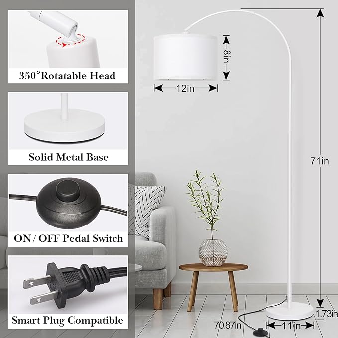 White Arc Floor Lamp, Modern Floor Lamp for Living Room with Adjustable Lamp Head, Tall Pole Standing Lamp with On/Off Pedal Switch, Over Couch Arched Reading Light for Bedroom, Office, Study Room - LeafyLoom