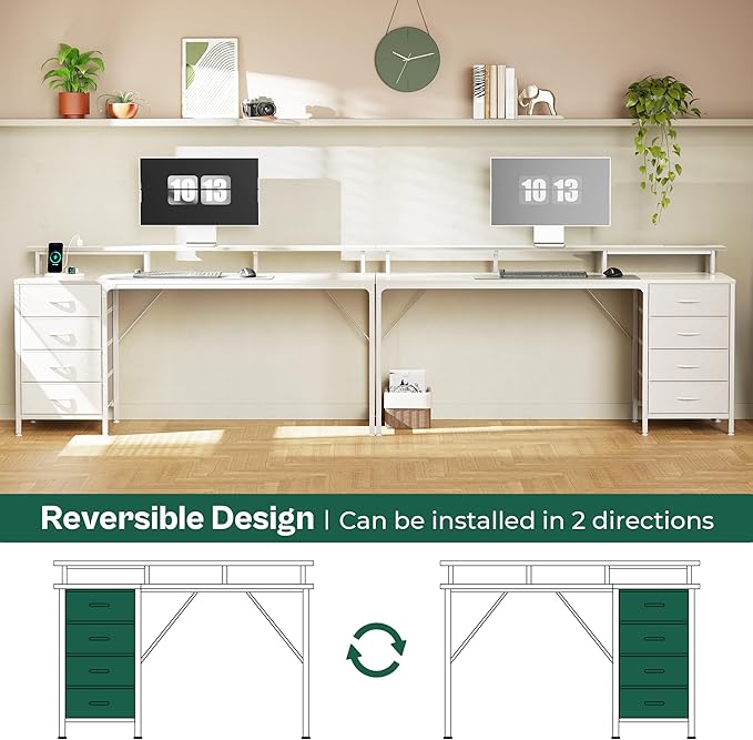 63 Inch Computer Desk with Power Outlets and LED Lights, Gaming Desk with 4 Drawers, Office Desk with Monitor Stand, Study Desk Work Desk for Home Office, White - LeafyLoom