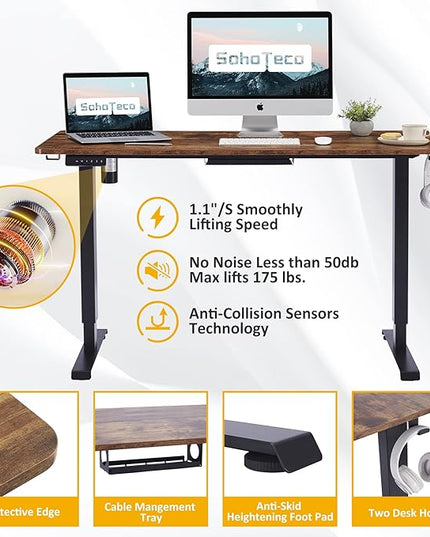 Height Adjustable Electric Stand Up Desk, 48x24 Computer Desk with Memory Presets for Home and Office, Black Frame & Brown Desktop - LeafyLoom