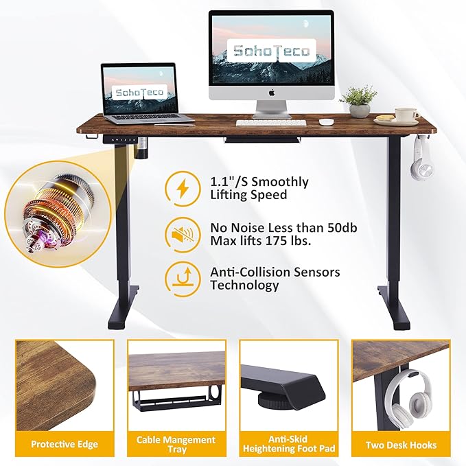 Height Adjustable Electric Stand Up Desk, 48x24 Computer Desk with Memory Presets for Home and Office, Black Frame & Brown Desktop - LeafyLoom