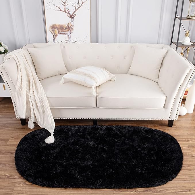 Noahas Black Fluffy Rugs for Bedroom,2'X 5' Oval Ultra Soft Bedroom Rugs,Small Throw Rugs, Kids Room Carpet Modern Shaggy Area Rugs Home Decor - LeafyLoom