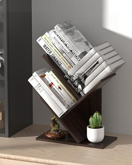 3 Tier Small Tree Bookshelf Desk Book Organizer Narrow Bookcases for Books Magazines CDs Free Standing Retro Wooden Storage Shelves for Home Office Bedroom Living Room Dark Walnut - LeafyLoom