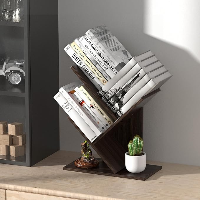 3 Tier Small Tree Bookshelf Desk Book Organizer Narrow Bookcases for Books Magazines CDs Free Standing Retro Wooden Storage Shelves for Home Office Bedroom Living Room Dark Walnut - LeafyLoom