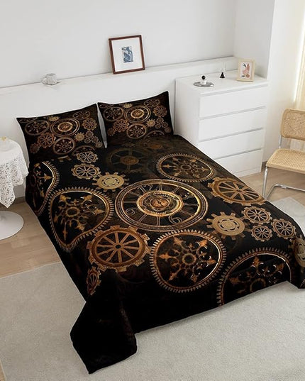 Golden Ndustrial Gear Comforter Set King Size Steampunk Style Bedding Set Clocks Theme Bedding Sets & Collections for Kids Boys Teens Men Mechanical Device Quilt Set,Retro Style Bedroom Decor - LeafyLoom