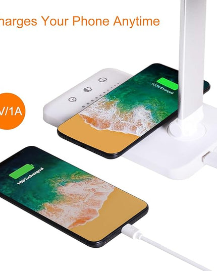 LED Desk Lamp with Wireless Charger,Eye-Caring Table Lamps,Stepless Dimmable Office Lamp with USB Charging Port,Touch/Memory/Timer Function,25 Brightness Lighting,Foldable Lamp - LeafyLoom