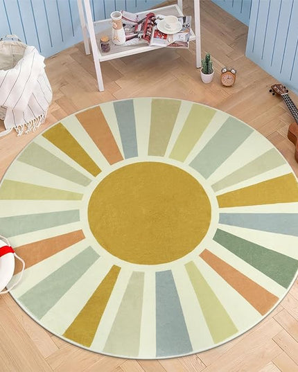Boho Round Rug 4 Ft Washable Area Rug for Kids Room, Colorful Sun Circle Rug for Playroom, Non-Slip Circular Office Carpet Soft Rainbow Rug for Bedroom Reading Corner Dorm - LeafyLoom