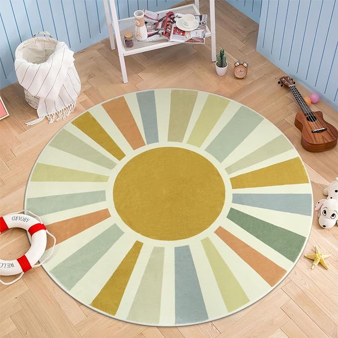 Boho Round Rug 4 Ft Washable Area Rug for Kids Room, Colorful Sun Circle Rug for Playroom, Non-Slip Circular Office Carpet Soft Rainbow Rug for Bedroom Reading Corner Dorm - LeafyLoom