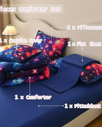 DORCAS Star Full Size Comforter Sets with Sheets for Girls Kids,6 Piece Starry Sky Bedding Set Full,All Season Down Bed in a Bag(Colorful,Full) - LeafyLoom