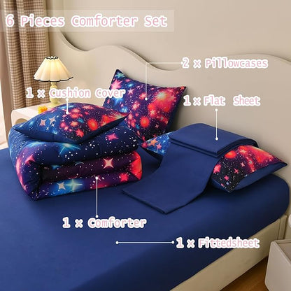 DORCAS Star Full Size Comforter Sets with Sheets for Girls Kids,6 Piece Starry Sky Bedding Set Full,All Season Down Bed in a Bag(Colorful,Full) - LeafyLoom