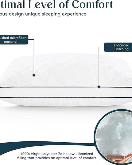 Lux Decor Collection Gusseted Pillows - Set of 2 Queen Size Pillows - Comfortable Breathable Bed Pillows for Sleeping - Side, Back and Stomach Sleepers (Navy Piping,18x26) - LeafyLoom