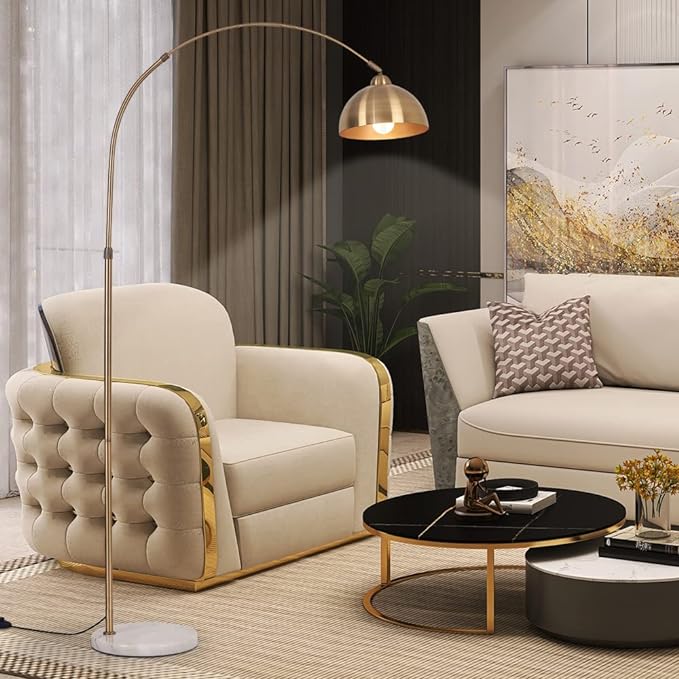 Modern 72in Arc floor lamps,Task Light, metal dome lampshade, marble base, adjustable high standing lighting, suitable for reading corner lamp in living room, study, office, hotel, and bedroom (Gold) - LeafyLoom