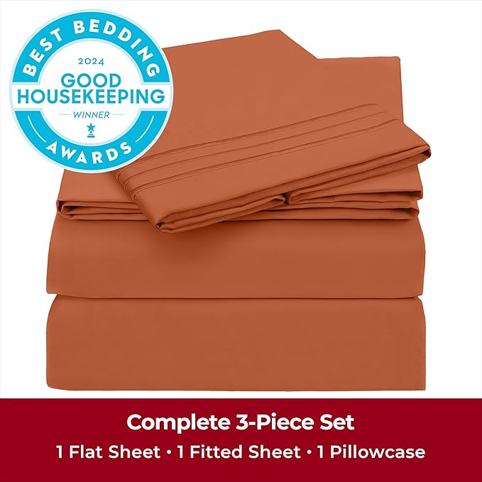Mellanni Twin Sheets Set - 3 PC Iconic Collection Bedding Sheets & Pillowcases - Hotel Luxury, Extra Soft, Cooling Bed Sheets - Deep Pocket up to 16 inch (Twin, Terracotta) - LeafyLoom