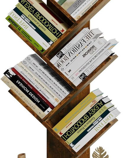 Vagusicc 6 Tier Tree Bookshelf - Retro Shelf Floor Standing Bookcase with Baskets, Tall Wood Book Storage Rack for Books/CDs, Tree Utility Book Organizer Shelves for Living Room, Home Office, Bedroom - LeafyLoom