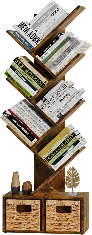 Vagusicc 6 Tier Tree Bookshelf - Retro Shelf Floor Standing Bookcase with Baskets, Tall Wood Book Storage Rack for Books/CDs, Tree Utility Book Organizer Shelves for Living Room, Home Office, Bedroom - LeafyLoom