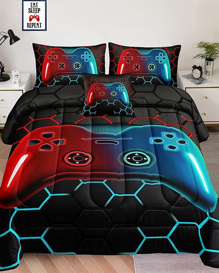 6 Pieces Bed in a Bag for Boys Bedding Sets Full Size,Gamer Comforter Sets for Boys Kids, Gaming Comforter Set for Boys Room Decor with Flat Sheet,Fitted Sheet,Pillowcase,Cushion Cover - LeafyLoom