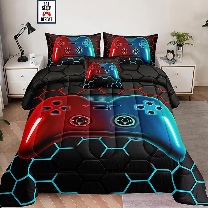 6 Pieces Bed in a Bag for Boys Bedding Sets Full Size,Gamer Comforter Sets for Boys Kids, Gaming Comforter Set for Boys Room Decor with Flat Sheet,Fitted Sheet,Pillowcase,Cushion Cover - LeafyLoom