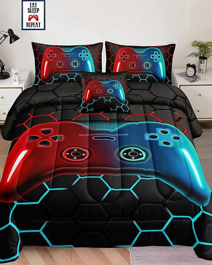 6 Pieces Bed in a Bag for Boys Bedding Sets Queen Size,Gamer Comforter Sets for Boys Kids, Gaming Comforter Set for Boys Room Decor with Flat Sheet,Fitted Sheet,Pillowcase,Cushion Cover - LeafyLoom