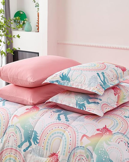 Queen Comforter Set for Girls, 7 Pieces Bed in a Bag, Colorful Unicorn Bedding Comforter Sheet Set, Ultra Soft and Fluffly, Pink & Rainbow Color, Colorful Bed in a Bag for Girls - LeafyLoom