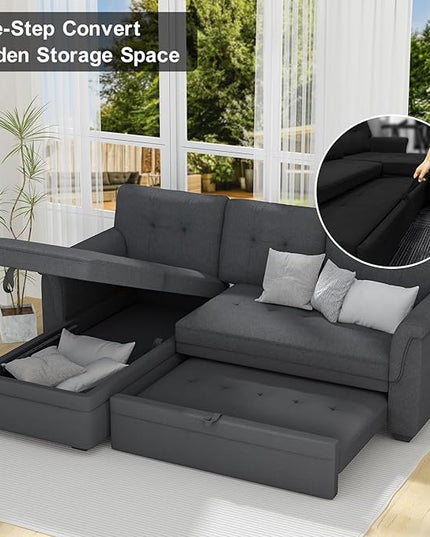 LOVMOR L-Shape Reversible Linen Fabric Sleeper Sectional Sofa with Storage Chaise, Dark Gray Corner Couch with Arms for Living Room, Home Furniture, Apartment, Dorm, 84 Inch - LeafyLoom