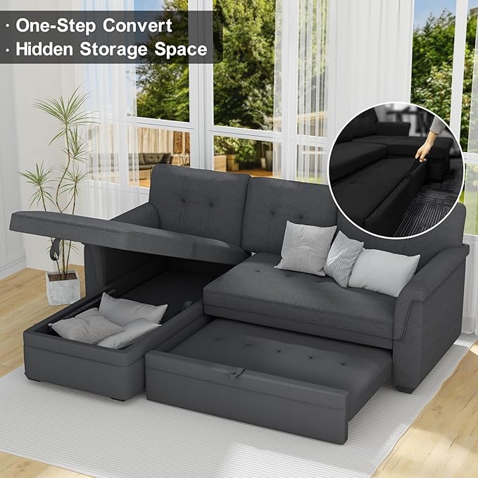 LOVMOR L-Shape Reversible Linen Fabric Sleeper Sectional Sofa with Storage Chaise, Dark Gray Corner Couch with Arms for Living Room, Home Furniture, Apartment, Dorm, 84 Inch - LeafyLoom