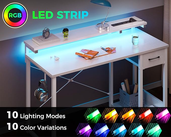 AODK Gaming Desk with LED Lights & Power Outlet, 40 Inch Computer Desk with Drawer, Reversible Desk with Adjustable Monitor Shelf & Headphone Hook for Home Office, White - LeafyLoom