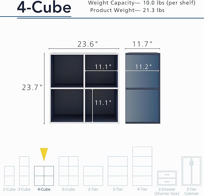 Apexa 4 Cube Storage Organizer Shelves, Stackable Wood Bookcase Fits Cubby Bins for Organization, Dorm Teen Room Decor & Home Office, Steel Blue - LeafyLoom