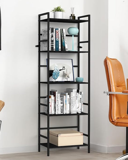 DOMYDEVM Black Tall Bookshelf Storage Organizer, 5 Tier Industrial Freestanding Bookshelf, Large Storage Tired Shelves, Metal Bookshelf 52.76in(H) for Small Space, Home Office, Living Room, Bedroom - LeafyLoom