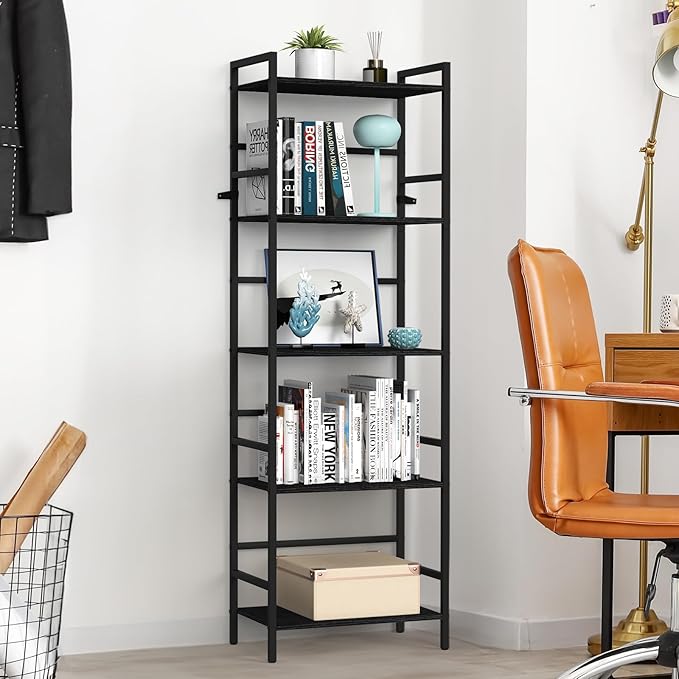 DOMYDEVM Black Tall Bookshelf Storage Organizer, 5 Tier Industrial Freestanding Bookshelf, Large Storage Tired Shelves, Metal Bookshelf 52.76in(H) for Small Space, Home Office, Living Room, Bedroom - LeafyLoom
