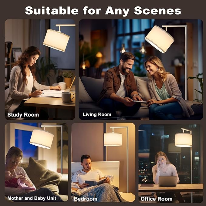 Boncoo Floor Lamp, Floor Lamps for Living Room with Adjustable Silk Shade, Stepless Modern Dimmable Floor Lamp, LED Standing Lamp for Bedroom Office Dorm Room, 9W Bulb Included-White - LeafyLoom