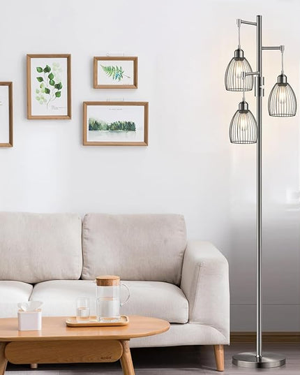 Dimmable Floor Lamp, Industrial Floor Lamps for Living Room, Brushed Nickel Tree Lamp Standing Lamp Tall Lamps with 3 Elegant Teardrop Cage Head & 800 Lumens LED Bulbs for Living Room Bedroom Office - LeafyLoom