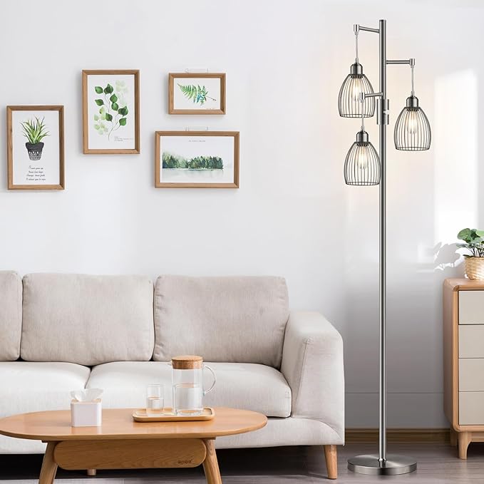 Dimmable Floor Lamp, Industrial Floor Lamps for Living Room, Brushed Nickel Tree Lamp Standing Lamp Tall Lamps with 3 Elegant Teardrop Cage Head & 800 Lumens LED Bulbs for Living Room Bedroom Office - LeafyLoom