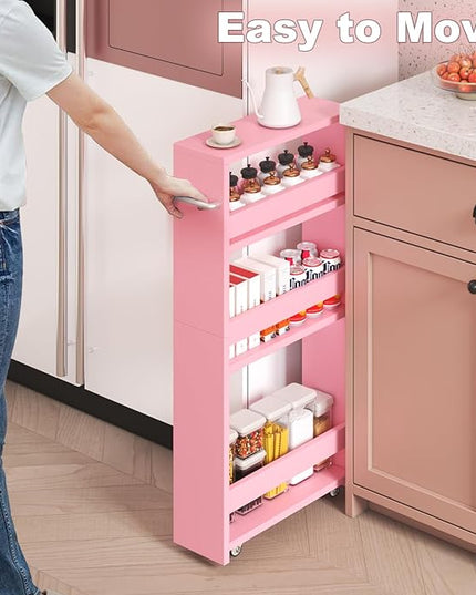 MARTY Pink Slim Storage Cart, 4-Tier Rolling Bookshelf Kitchen Cart on Wheels, Laundry Room Organization with Handle Slide Out Utility Cart Shelving Unit Trolley for Narrow Places - LeafyLoom
