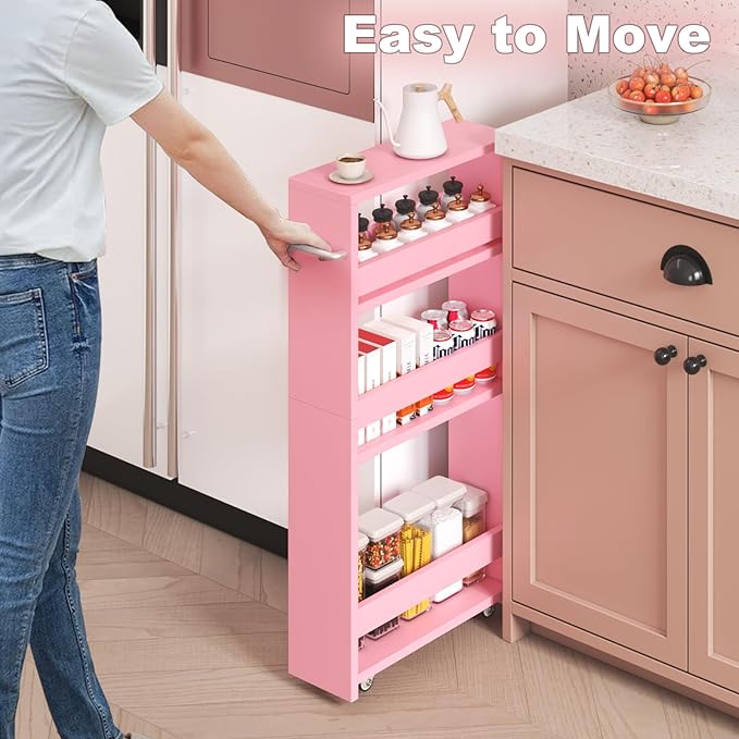 MARTY Pink Slim Storage Cart, 4-Tier Rolling Bookshelf Kitchen Cart on Wheels, Laundry Room Organization with Handle Slide Out Utility Cart Shelving Unit Trolley for Narrow Places - LeafyLoom