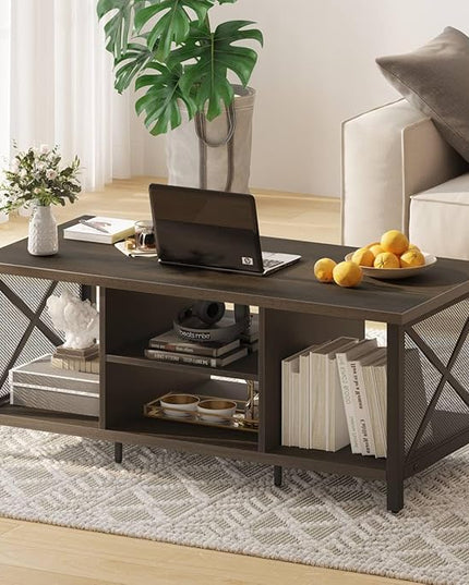 FATORRI Rustic Coffee Table for Living Room, Farmhouse Dark Wood Center Table, Industrial Rectangle Cocktail Tea Tables (Walnut Brown) - LeafyLoom