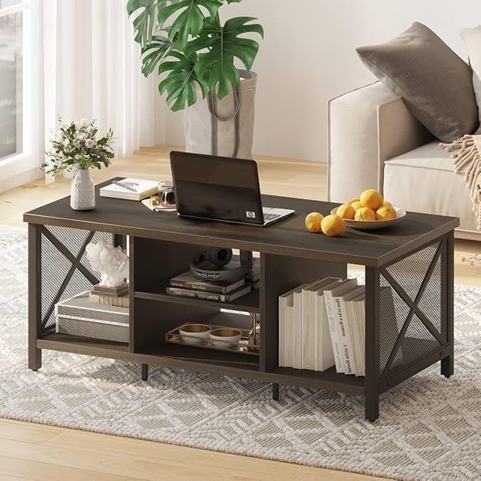 FATORRI Rustic Coffee Table for Living Room, Farmhouse Dark Wood Center Table, Industrial Rectangle Cocktail Tea Tables (Walnut Brown) - LeafyLoom