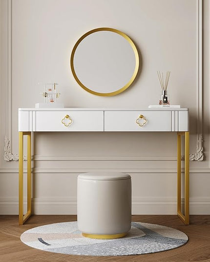 White Desk with Drawers,Modern Laptop Table with gold metal legs,43 inch Makeup Vanity Small Desk with Storage, Stylish & Functional Computer Desk Work Stations for Home Office - LeafyLoom